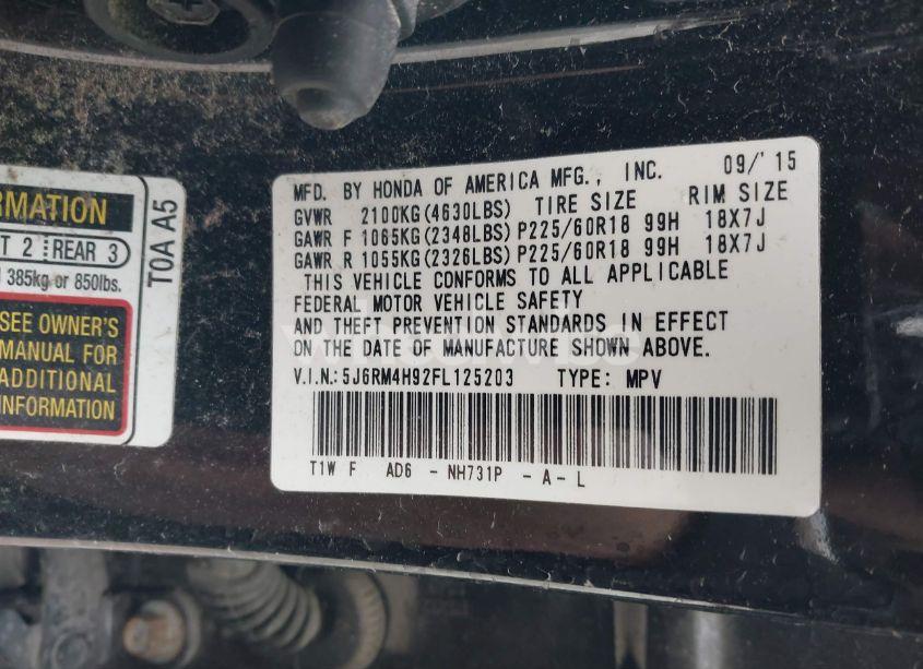 Photo 9 of 2015 Honda Cr-v TOURING (VIN 5J6RM4H92FL125203)