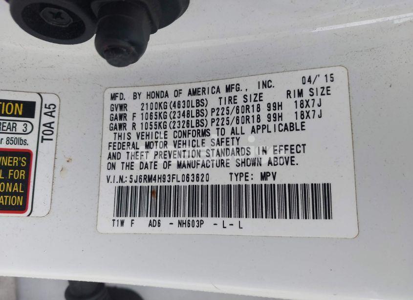 Photo 9 of 2015 Honda Cr-v TOURING (VIN 5J6RM4H93FL063620)