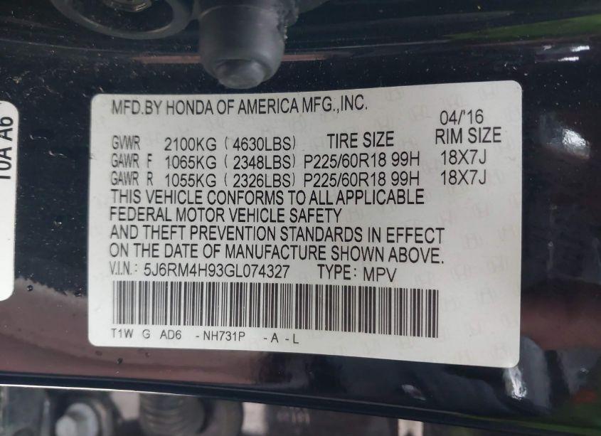 Photo 9 of 2016 Honda Cr-v TOURING (VIN 5J6RM4H93GL074327)