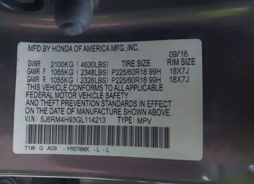 Photo 9 of 2016 Honda Cr-v TOURING (VIN 5J6RM4H93GL114213)