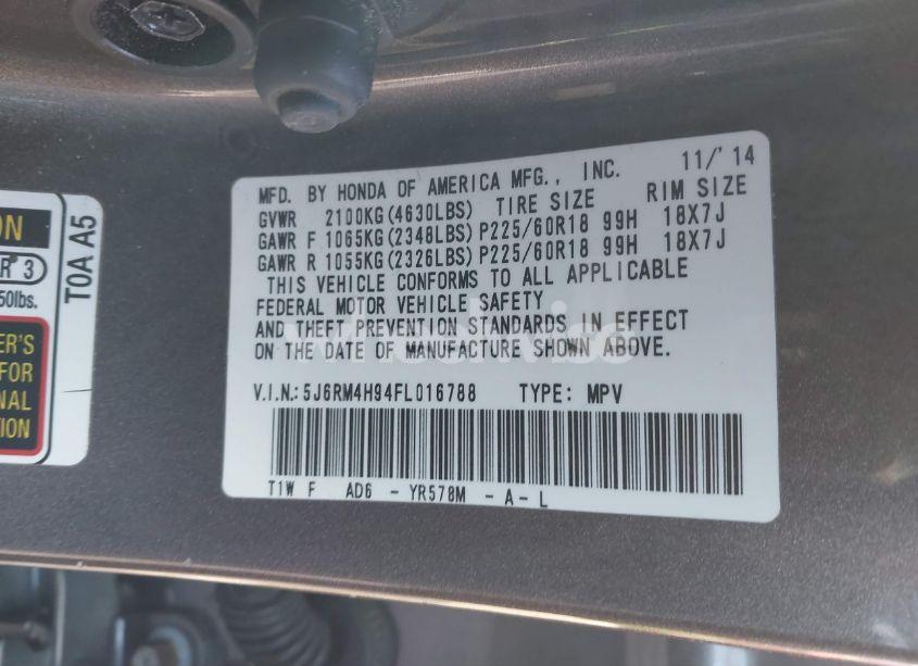 Photo 9 of 2015 Honda Cr-v TOURING (VIN 5J6RM4H94FL016788)