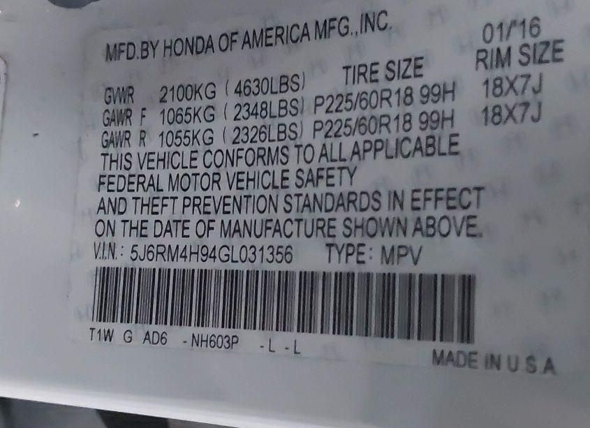 Photo 9 of 2016 Honda Cr-v TOURING (VIN 5J6RM4H94GL031356)