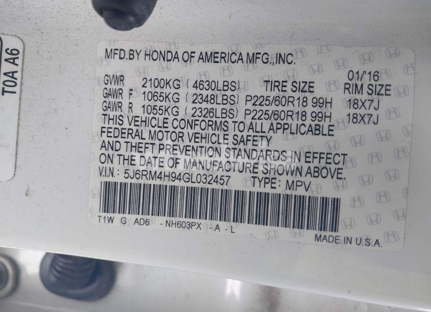 Photo 9 of 2016 Honda Cr-v TOURING (VIN 5J6RM4H94GL032457)