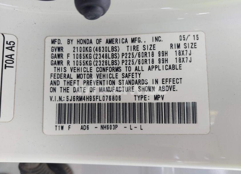 Photo 9 of 2015 Honda Cr-v TOURING (VIN 5J6RM4H95FL076806)