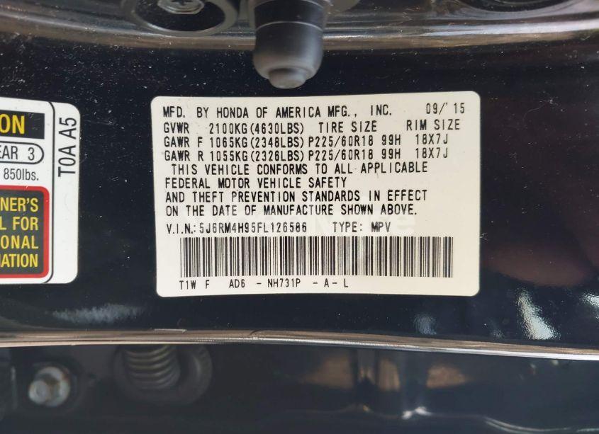 Photo 9 of 2015 Honda Cr-v TOURING (VIN 5J6RM4H95FL126586)