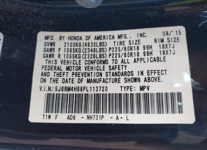 Photo 9 of 2015 Honda Cr-v TOURING (VIN 5J6RM4H96FL113720)