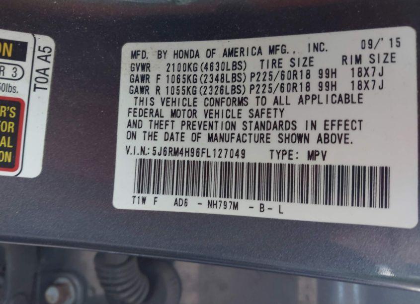 Photo 9 of 2015 Honda Cr-v TOURING (VIN 5J6RM4H96FL127049)