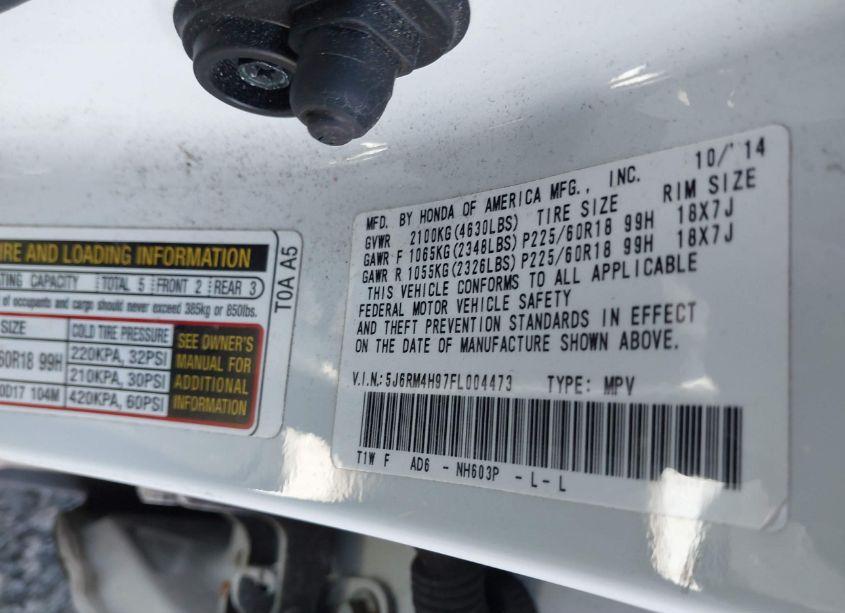 Photo 9 of 2015 Honda Cr-v TOURING (VIN 5J6RM4H97FL004473)