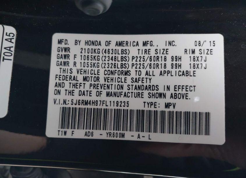 Photo 9 of 2015 Honda Cr-v TOURING (VIN 5J6RM4H97FL119235)