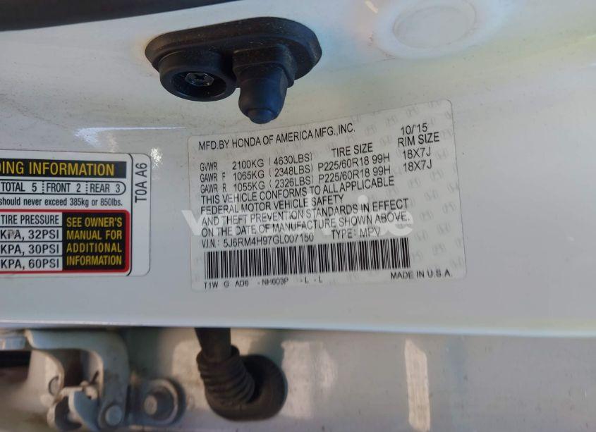 Photo 9 of 2016 Honda Cr-v TOURING (VIN 5J6RM4H97GL007150)