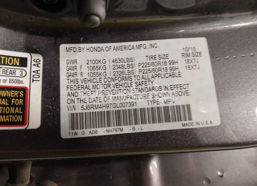 Photo 9 of 2016 Honda Cr-v TOURING (VIN 5J6RM4H97GL007391)