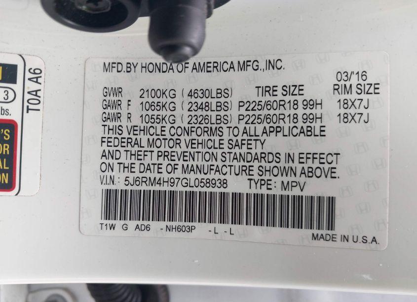 Photo 9 of 2016 Honda Cr-v TOURING (VIN 5J6RM4H97GL058938)