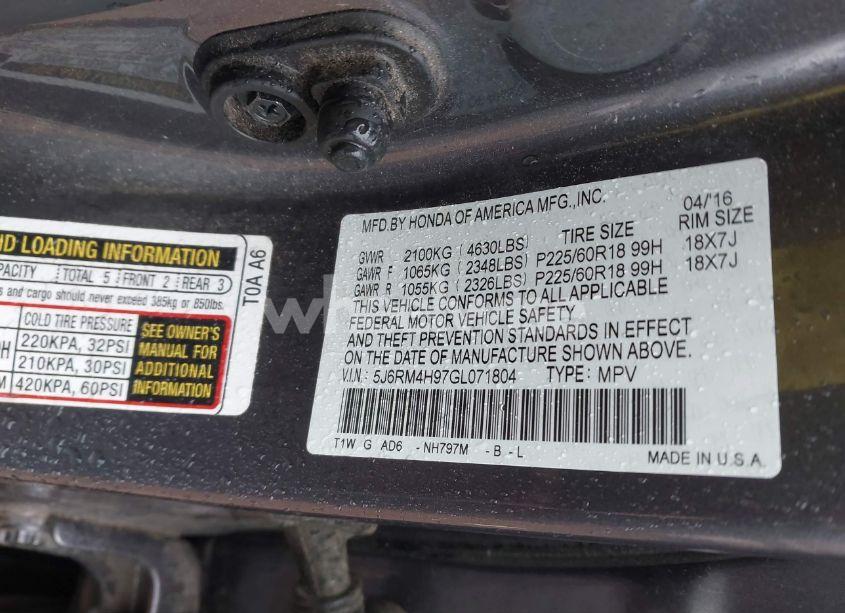 Photo 9 of 2016 Honda Cr-v TOURING (VIN 5J6RM4H97GL071804)