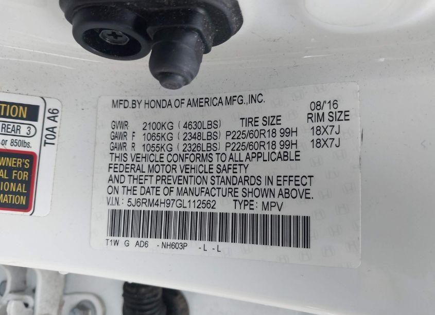 Photo 9 of 2016 Honda Cr-v TOURING (VIN 5J6RM4H97GL112562)