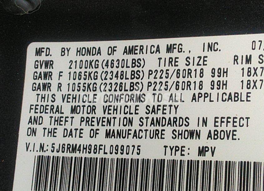 Photo 9 of 2015 Honda Cr-v TOURING (VIN 5J6RM4H98FL099075)