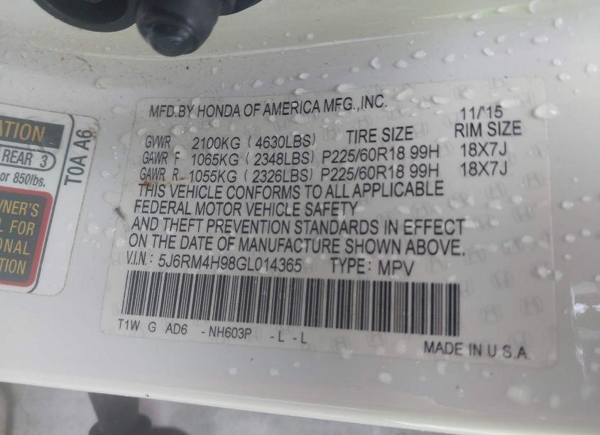 Photo 9 of 2016 Honda Cr-v TOURING (VIN 5J6RM4H98GL014365)