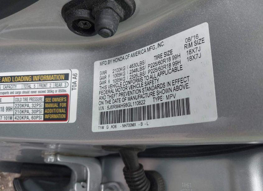 Photo 9 of 2016 Honda Cr-v TOURING (VIN 5J6RM4H98GL110822)