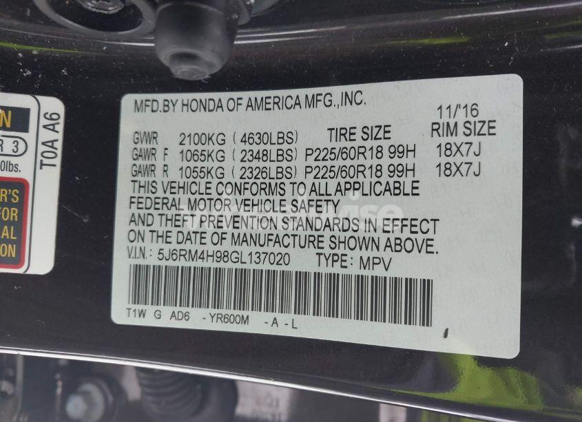 Photo 9 of 2016 Honda Cr-v TOURING (VIN 5J6RM4H98GL137020)