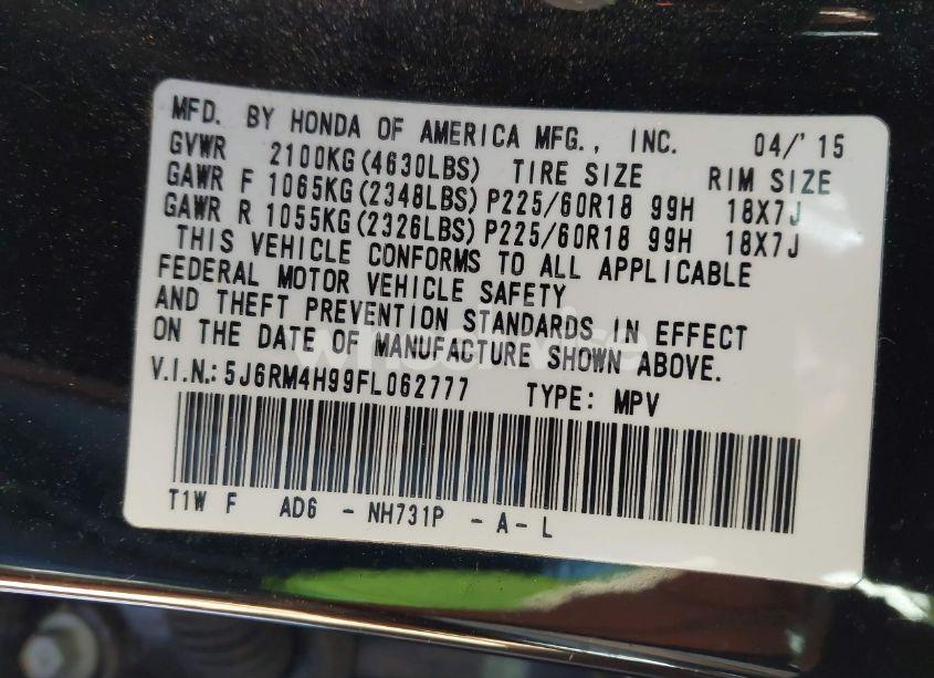 Photo 9 of 2015 Honda Cr-v TOURING (VIN 5J6RM4H99FL062777)