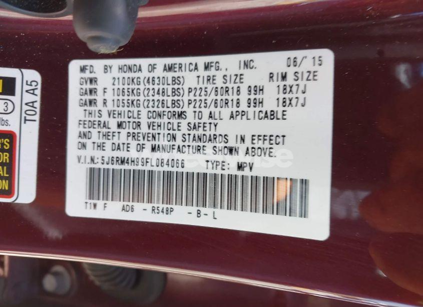 Photo 9 of 2015 Honda Cr-v TOURING (VIN 5J6RM4H99FL084066)