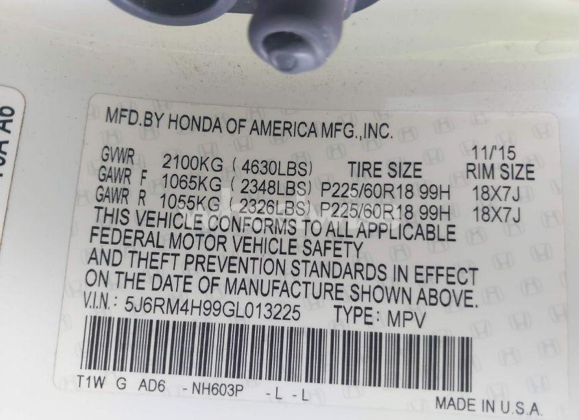 Photo 9 of 2016 Honda Cr-v TOURING (VIN 5J6RM4H99GL013225)