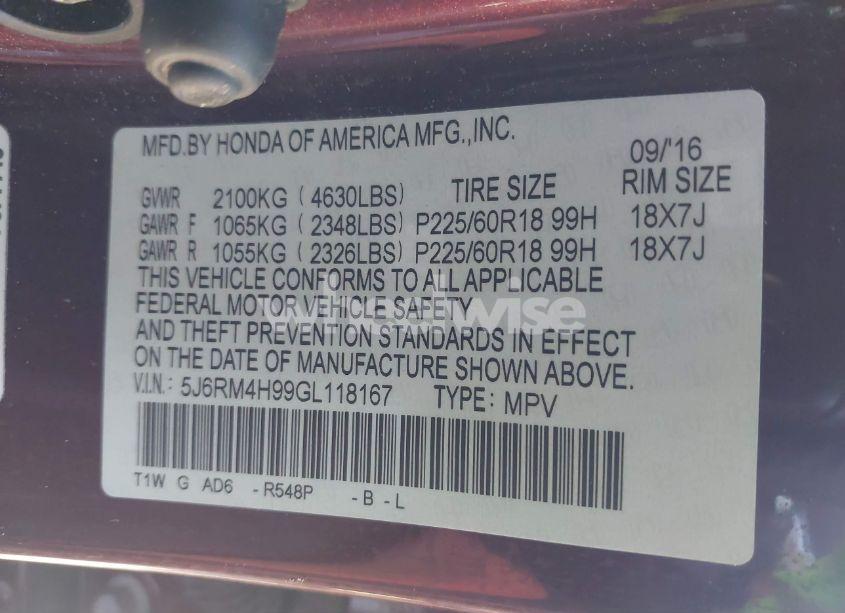 Photo 9 of 2016 Honda Cr-v TOURING (VIN 5J6RM4H99GL118167)