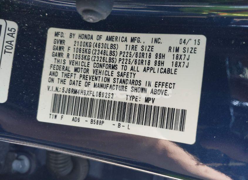 Photo 9 of 2015 Honda Cr-v TOURING (VIN 5J6RM4H9XFL069253)