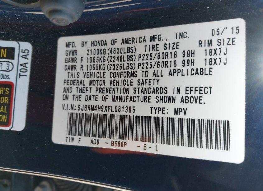 Photo 9 of 2015 Honda Cr-v TOURING (VIN 5J6RM4H9XFL081385)