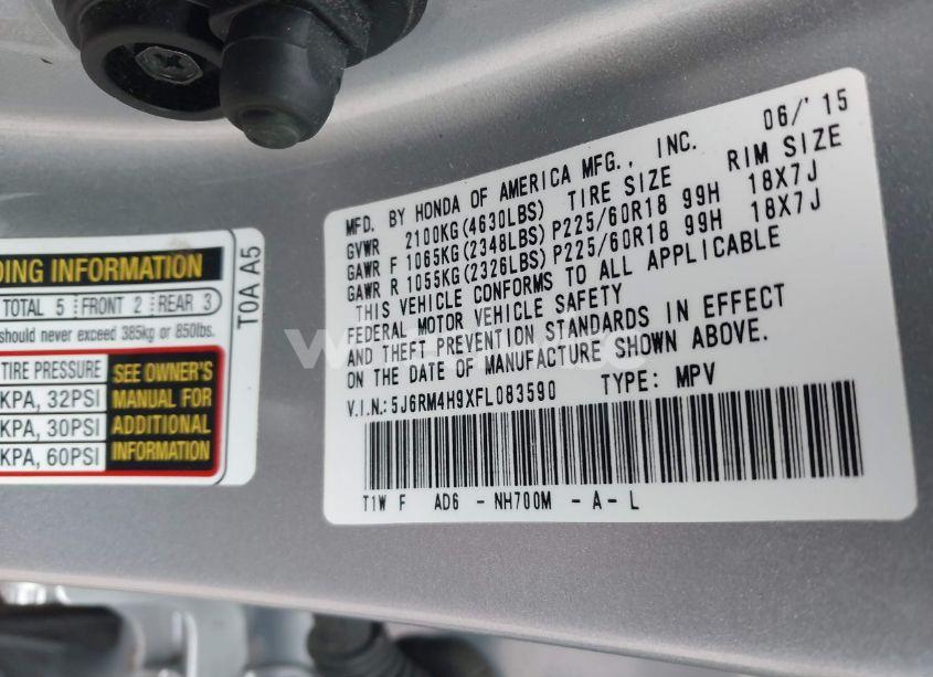 Photo 9 of 2015 Honda Cr-v TOURING (VIN 5J6RM4H9XFL083590)