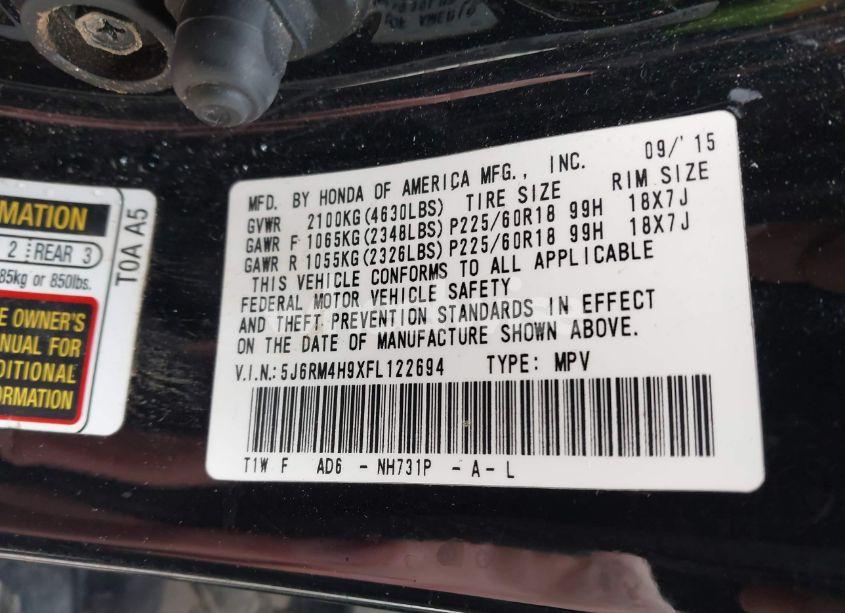 Photo 9 of 2015 Honda Cr-v TOURING (VIN 5J6RM4H9XFL122694)