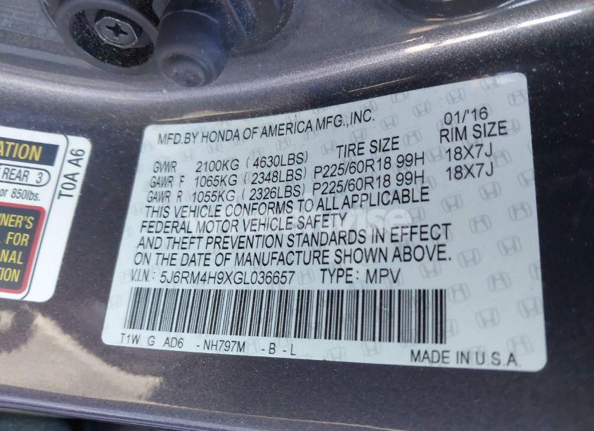 Photo 9 of 2016 Honda Cr-v TOURING (VIN 5J6RM4H9XGL036657)