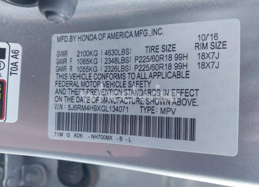 Photo 9 of 2016 Honda Cr-v TOURING (VIN 5J6RM4H9XGL134071)