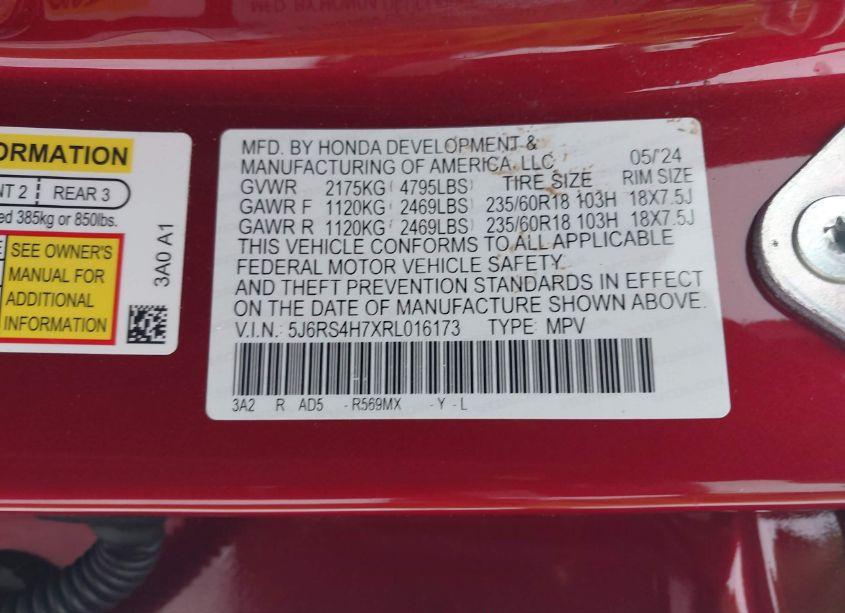 Photo 9 of 2024 Honda Cr-v EX-L AWD (VIN 5J6RS4H7XRL016173)