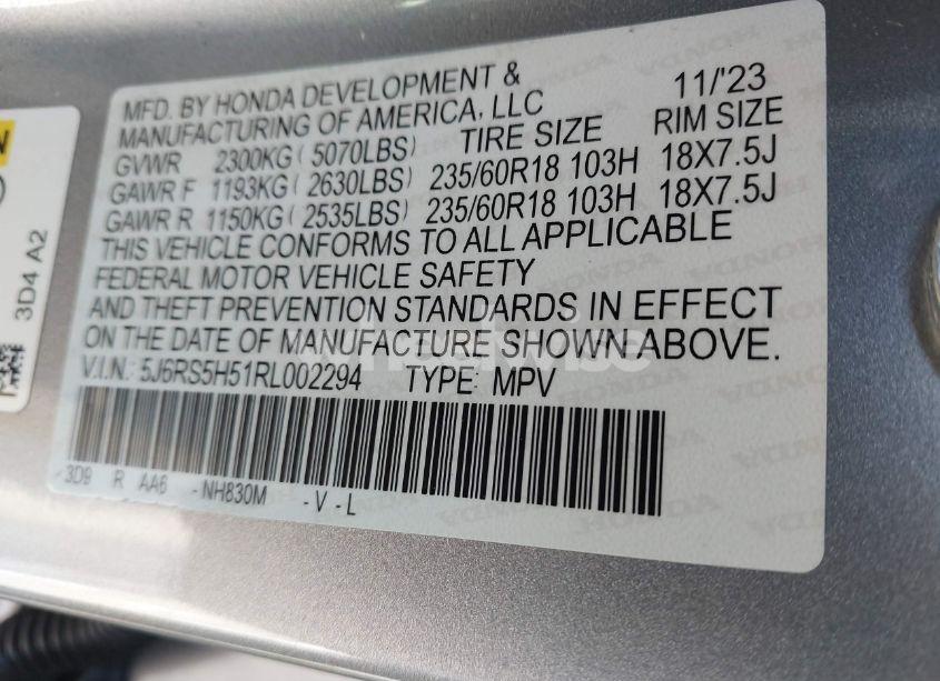 Photo 9 of 2024 Honda Cr-v HYBRID SPORT (VIN 5J6RS5H51RL002294)