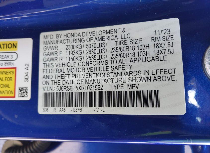 Photo 9 of 2024 Honda Cr-v HYBRID SPORT (VIN 5J6RS6H5XRL021562)