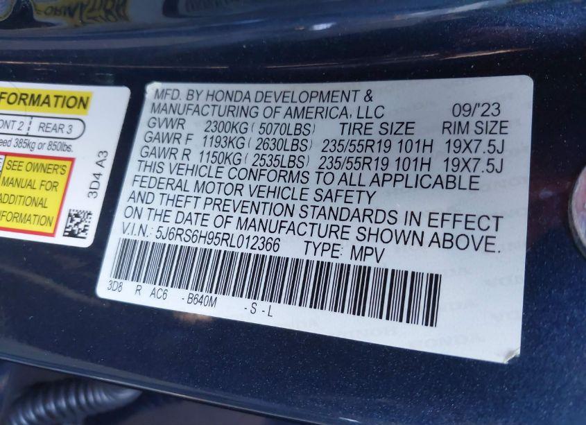 Photo 9 of 2024 Honda Cr-v HYBRID SPORT TOURING (VIN 5J6RS6H95RL012366)