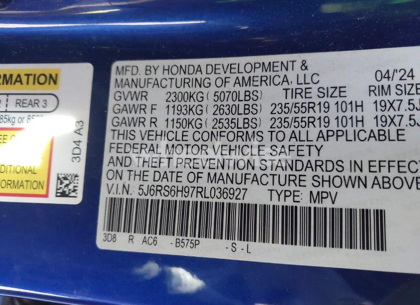 Photo 9 of 2024 Honda Cr-v HYBRID SPORT TOURING (VIN 5J6RS6H97RL036927)
