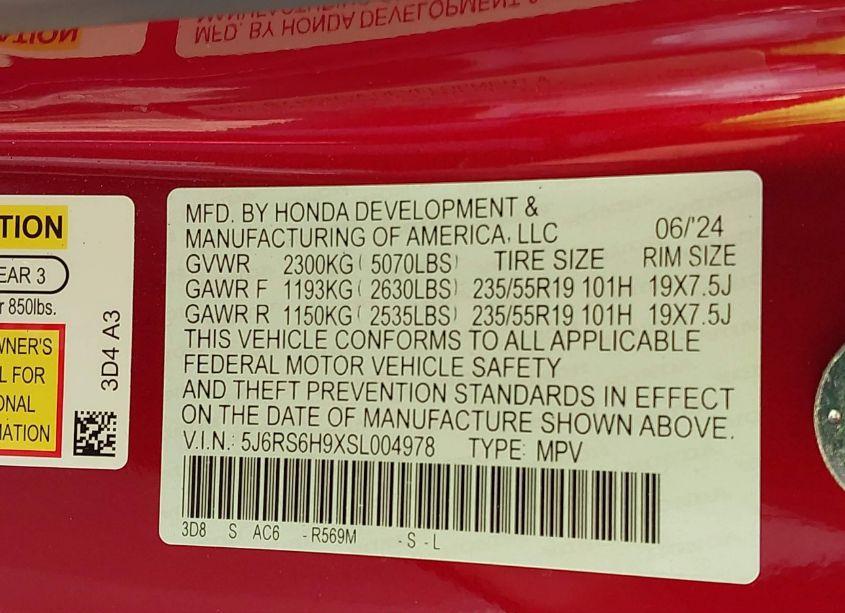 Photo 9 of 2025 Honda Cr-v HYBRID SPORT TOURING (VIN 5J6RS6H9XSL004978)