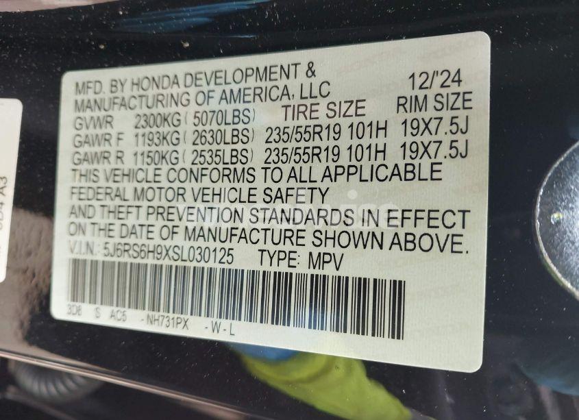 Photo 9 of 2025 Honda Cr-v HYBRID SPORT TOURING (VIN 5J6RS6H9XSL030125)