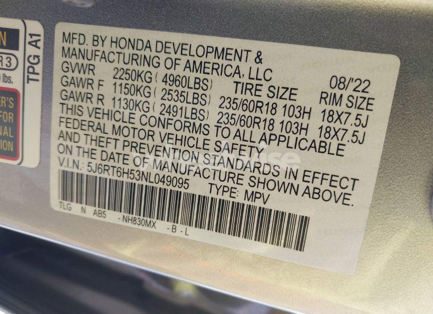 Photo 9 of 2022 Honda Cr-v HYBRID EX (VIN 5J6RT6H53NL049095)