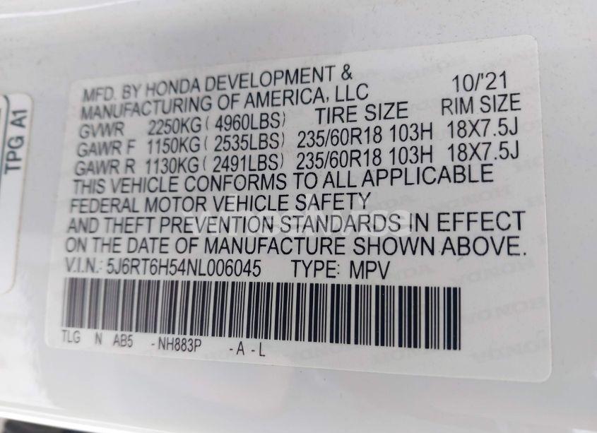 Photo 9 of 2022 Honda Cr-v HYBRID EX (VIN 5J6RT6H54NL006045)