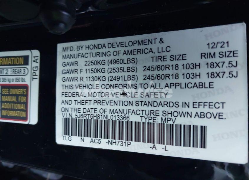 Photo 9 of 2022 Honda Cr-v HYBRID EX-L (VIN 5J6RT6H81NL013366)