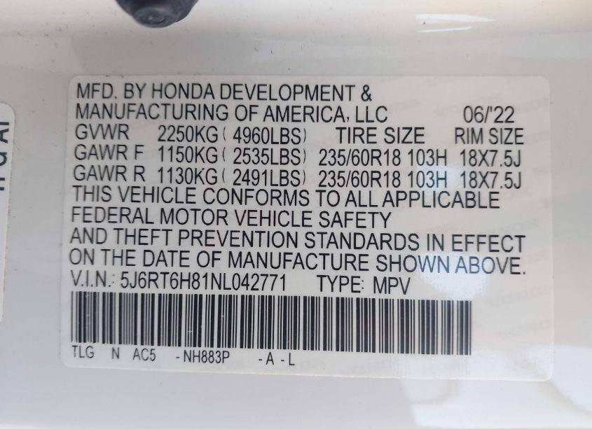 Photo 9 of 2022 Honda Cr-v HYBRID EX-L (VIN 5J6RT6H81NL042771)