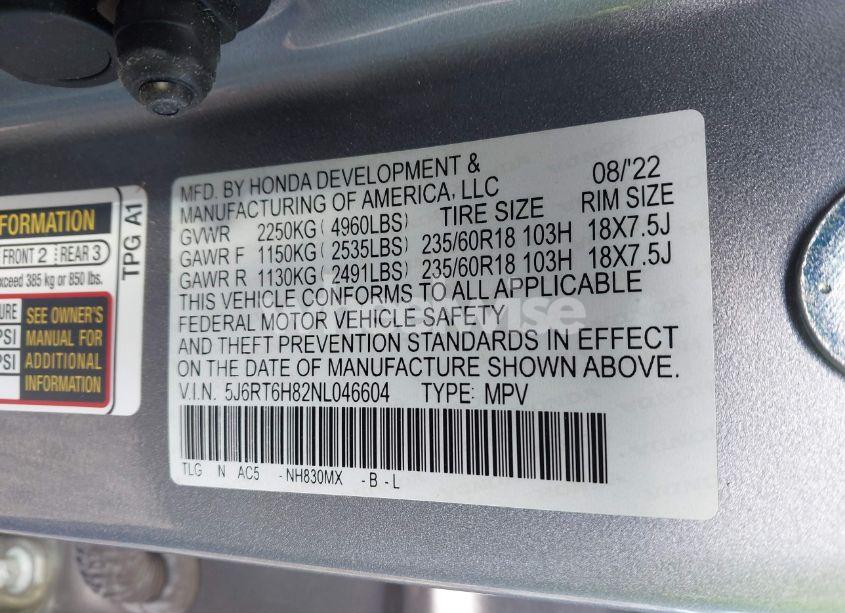 Photo 9 of 2022 Honda Cr-v HYBRID EX-L (VIN 5J6RT6H82NL046604)
