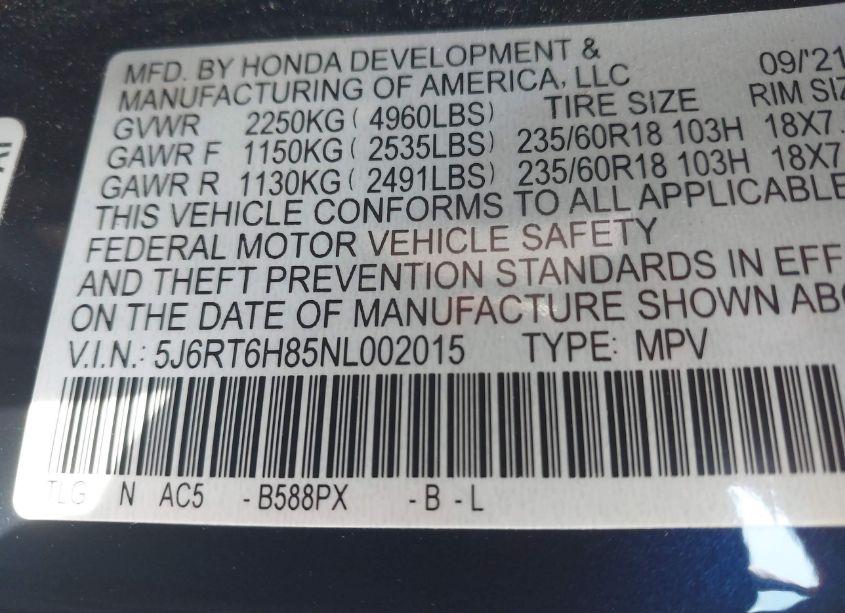 Photo 9 of 2022 Honda Cr-v HYBRID EX-L (VIN 5J6RT6H85NL002015)