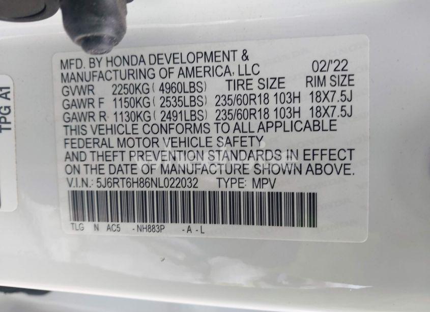 Photo 9 of 2022 Honda Cr-v HYBRID EX-L (VIN 5J6RT6H86NL022032)