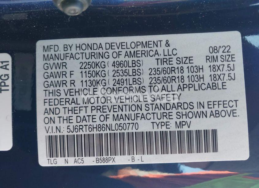 Photo 9 of 2022 Honda Cr-v HYBRID EX-L (VIN 5J6RT6H86NL050770)
