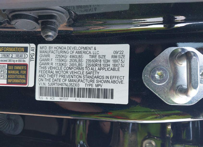 Photo 9 of 2022 Honda Cr-v HYBRID EX-L (VIN 5J6RT6H87NL052303)