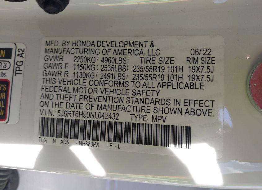 Photo 9 of 2022 Honda Cr-v HYBRID TOURING (VIN 5J6RT6H90NL042432)
