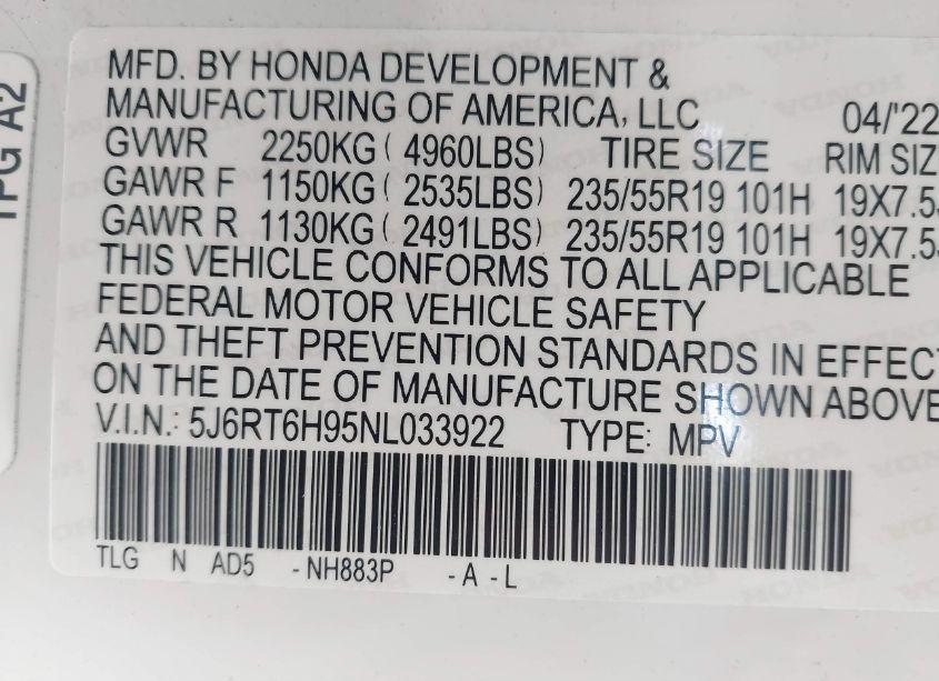 Photo 9 of 2022 Honda Cr-v HYBRID TOURING (VIN 5J6RT6H95NL033922)